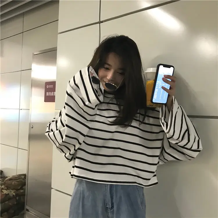 Women Striped Loose Long Sleeve T-Shirt Casual Base — feature 16