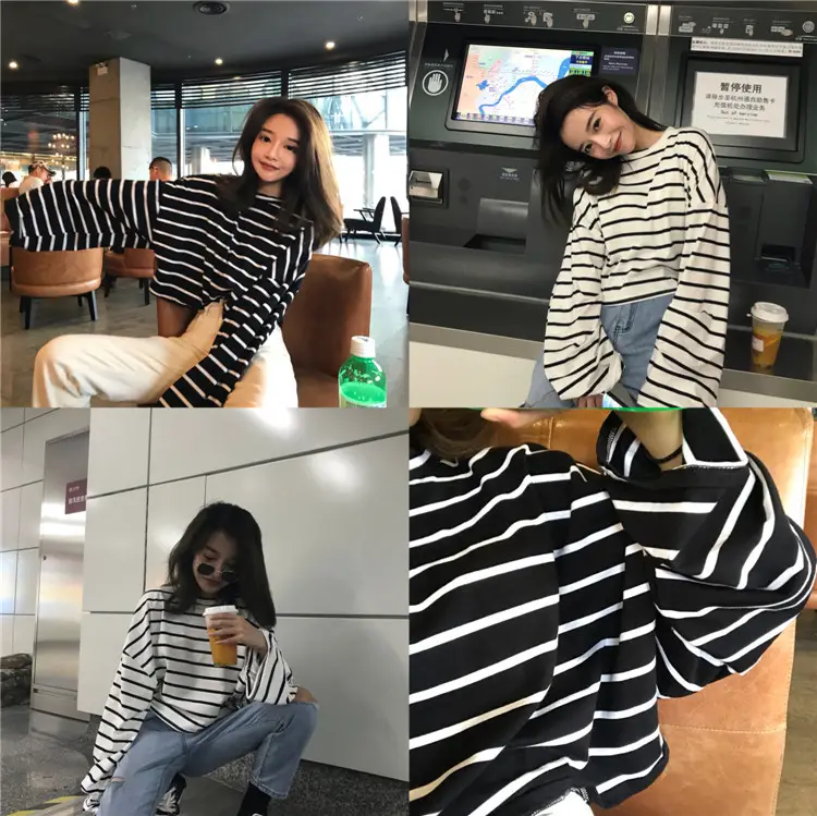 Women Striped Loose Long Sleeve T-Shirt Casual Base — feature 2