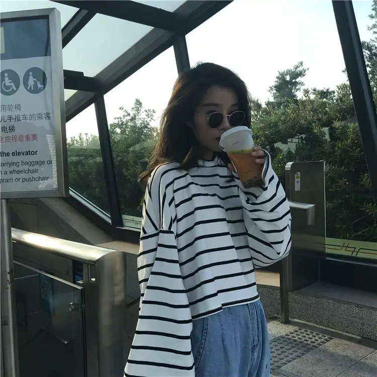 Women Striped Loose Long Sleeve T-Shirt Casual Base — feature 23