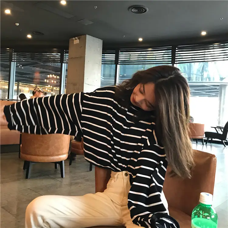 Women Striped Loose Long Sleeve T-Shirt Casual Base — feature 9