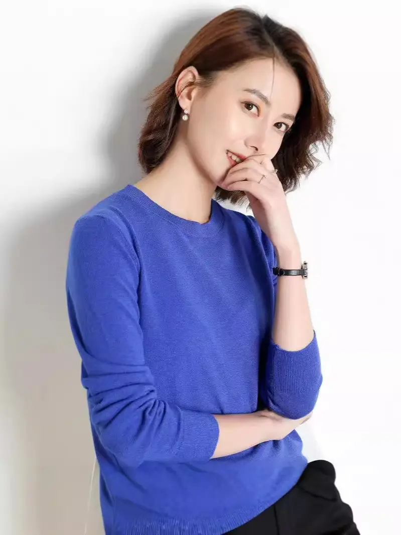 Women's Red Knitted Low Crewneck Shirt Spring Autumn - Image 30