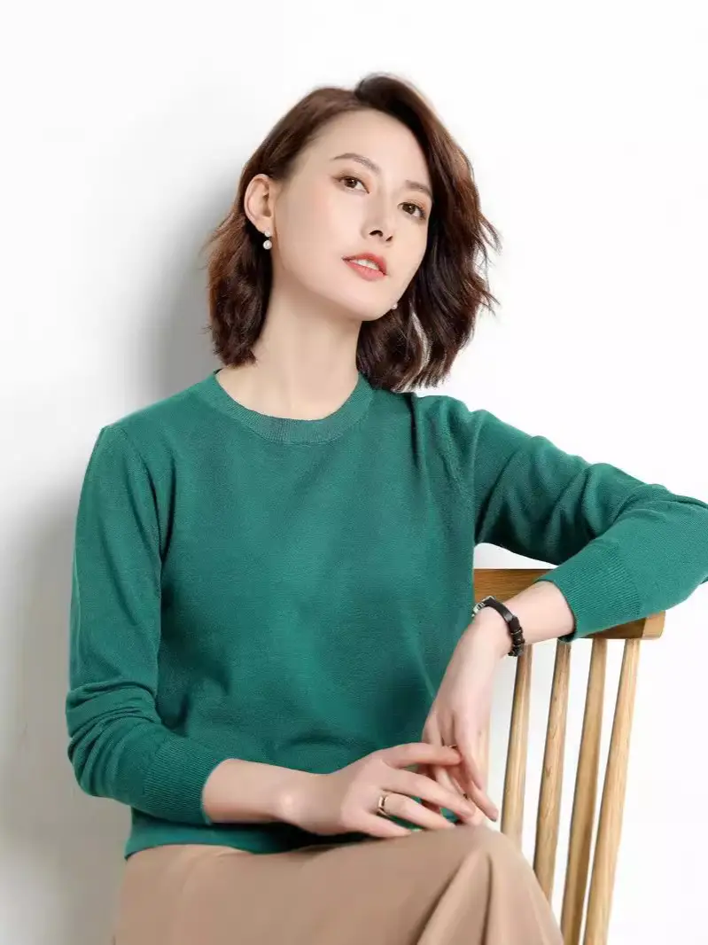 Women's Red Knitted Low Crewneck Shirt Spring Autumn - Image 31