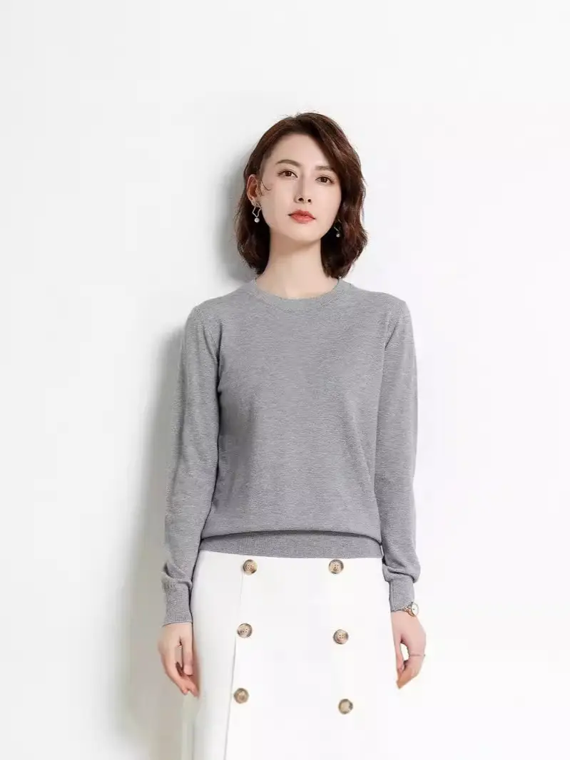 Women's Red Knitted Low Crewneck Shirt Spring Autumn - Image 32