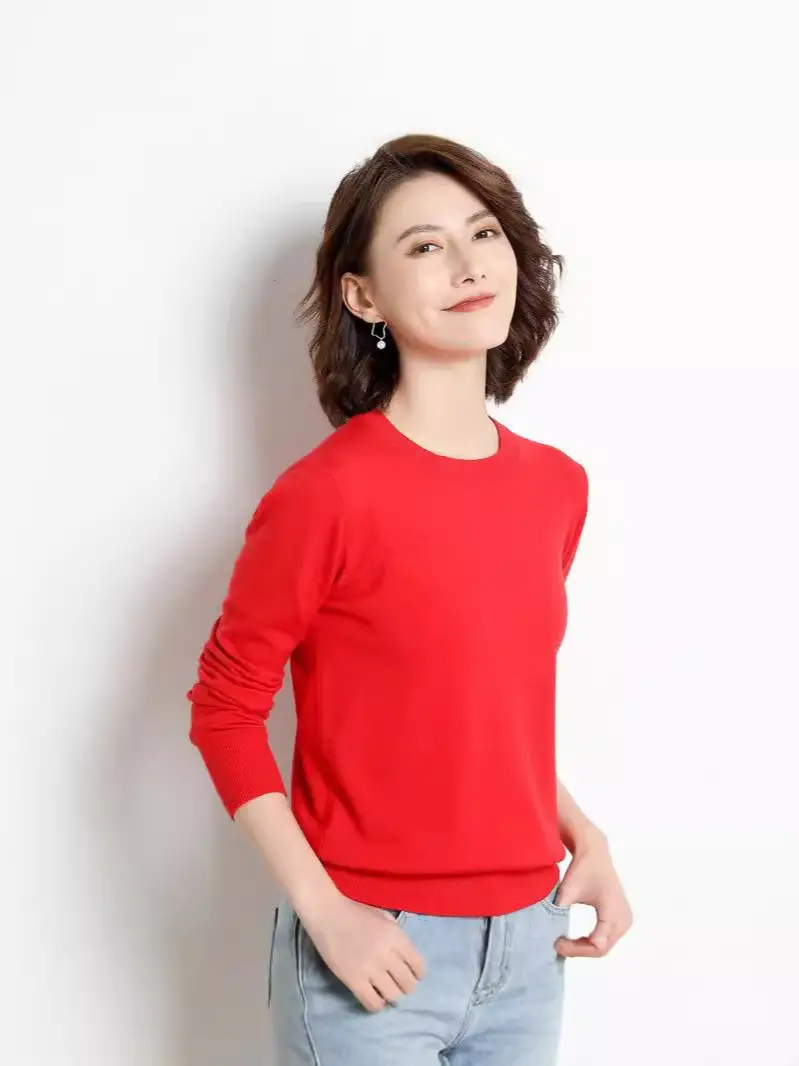 Women's Red Knitted Low Crewneck Shirt Spring Autumn - Image 33