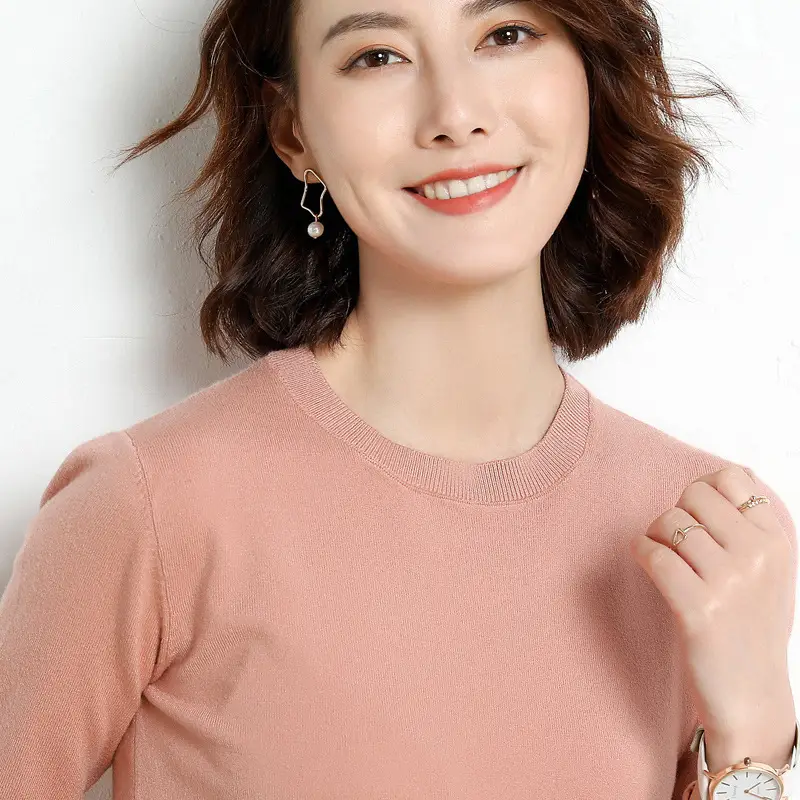 Women's Red Knitted Low Crewneck Shirt Spring Autumn - Image 12