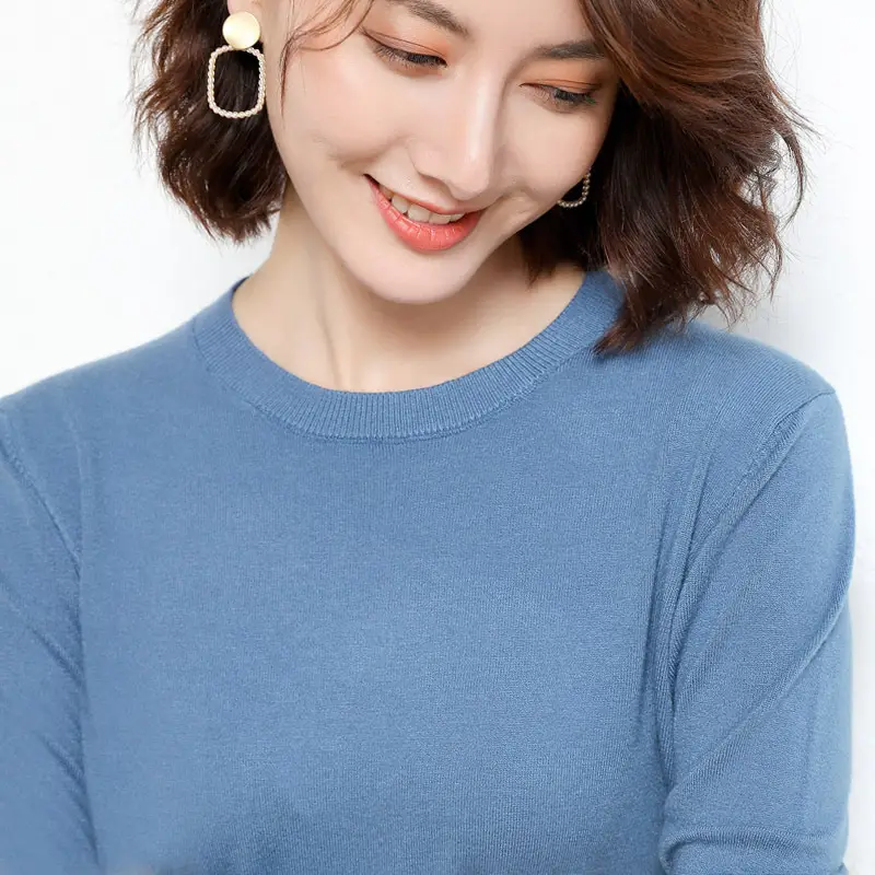 Women's Red Knitted Low Crewneck Shirt Spring Autumn - Image 16