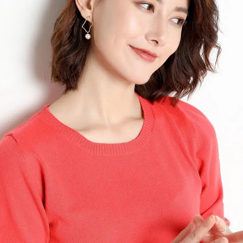 Women's Red Knitted Low Crewneck Shirt Spring Autumn - Image 17