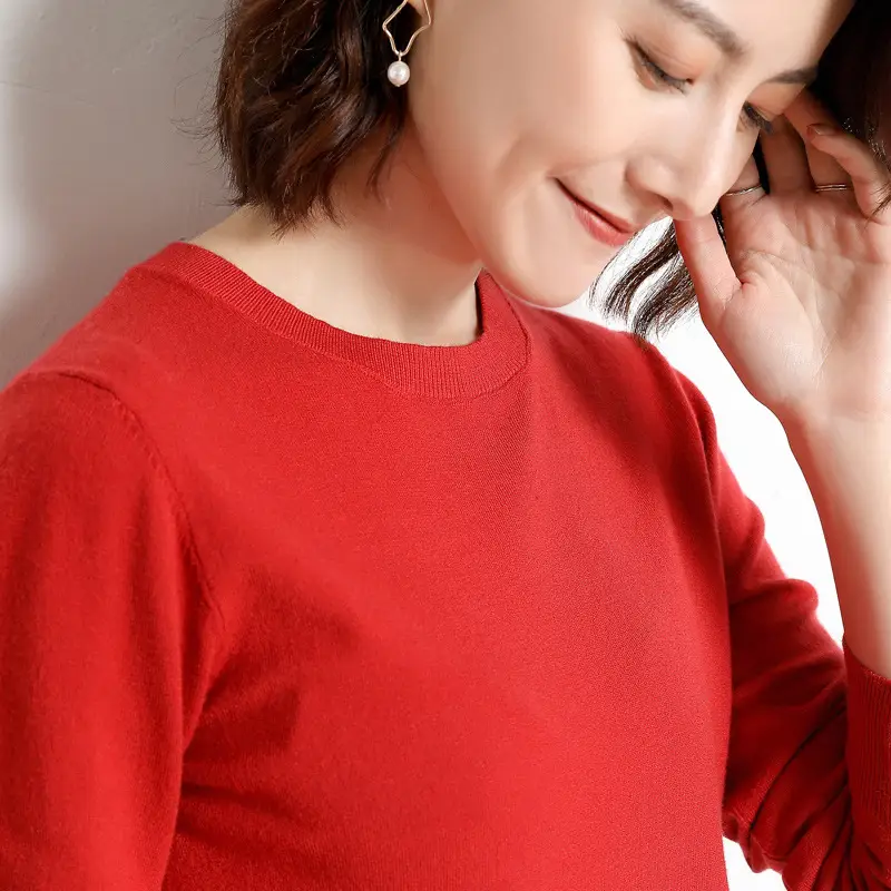 Women's Red Knitted Low Crewneck Shirt Spring Autumn - Image 19