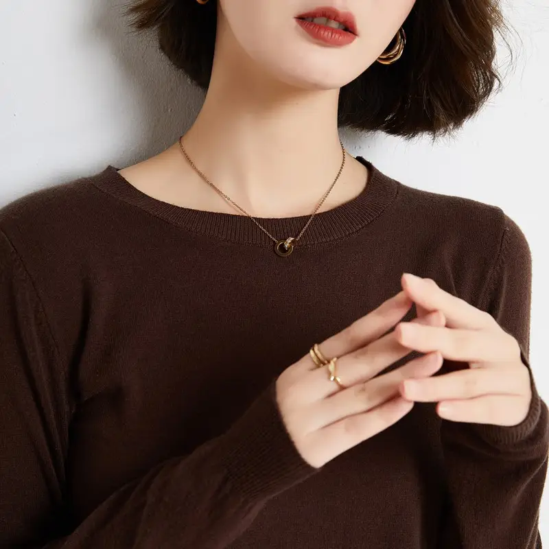 Women's Red Knitted Low Crewneck Shirt Spring Autumn - Image 22