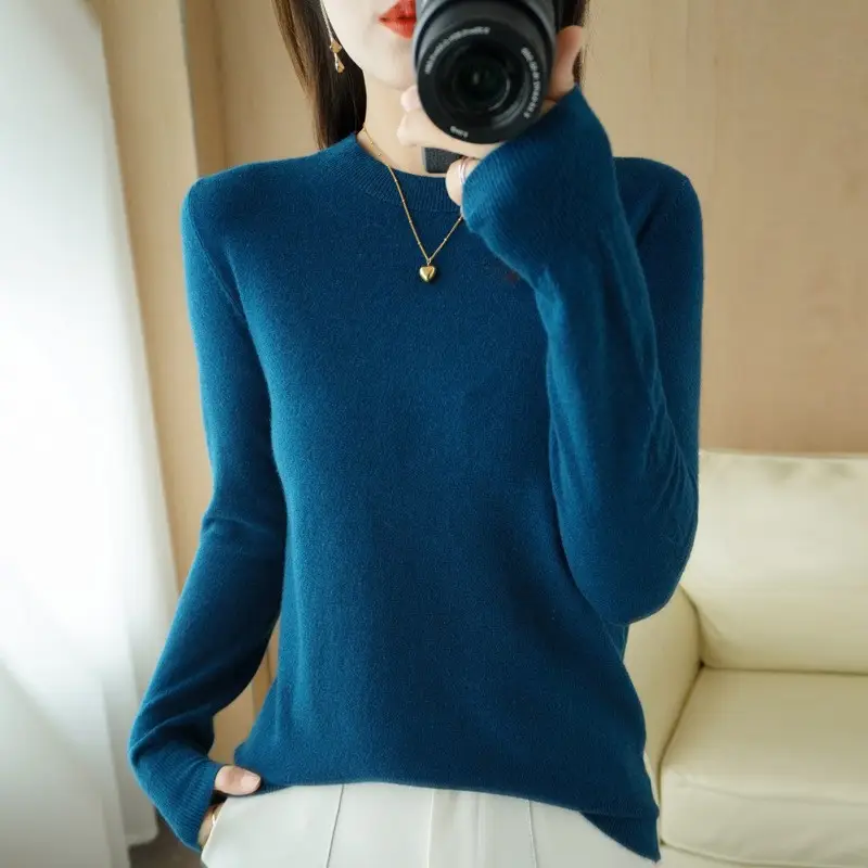 Women's Red Knitted Low Crewneck Shirt Spring Autumn - Image 26