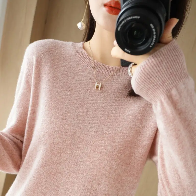 Women's Red Knitted Low Crewneck Shirt Spring Autumn - Image 27