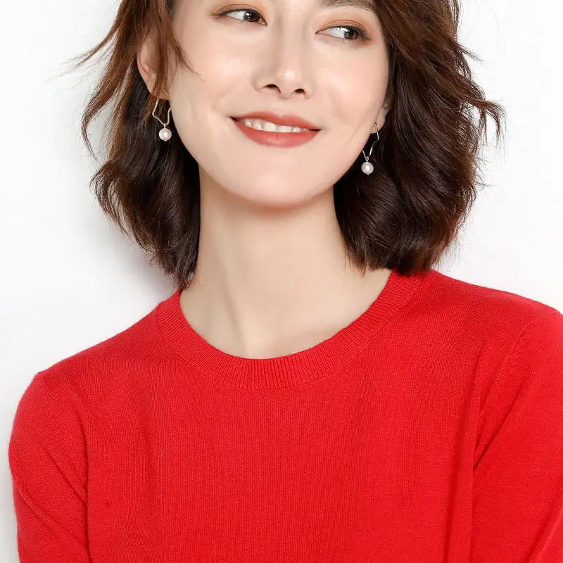 Women's Red Knitted Low Crewneck Shirt Spring Autumn - Image 6
