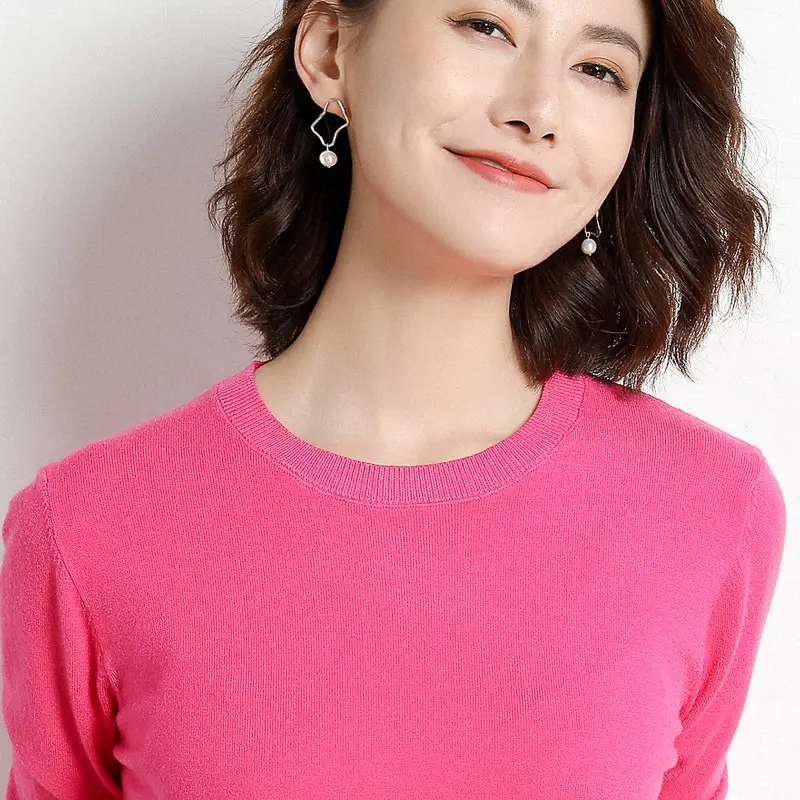 Women's Red Knitted Low Crewneck Shirt Spring Autumn - Image 9