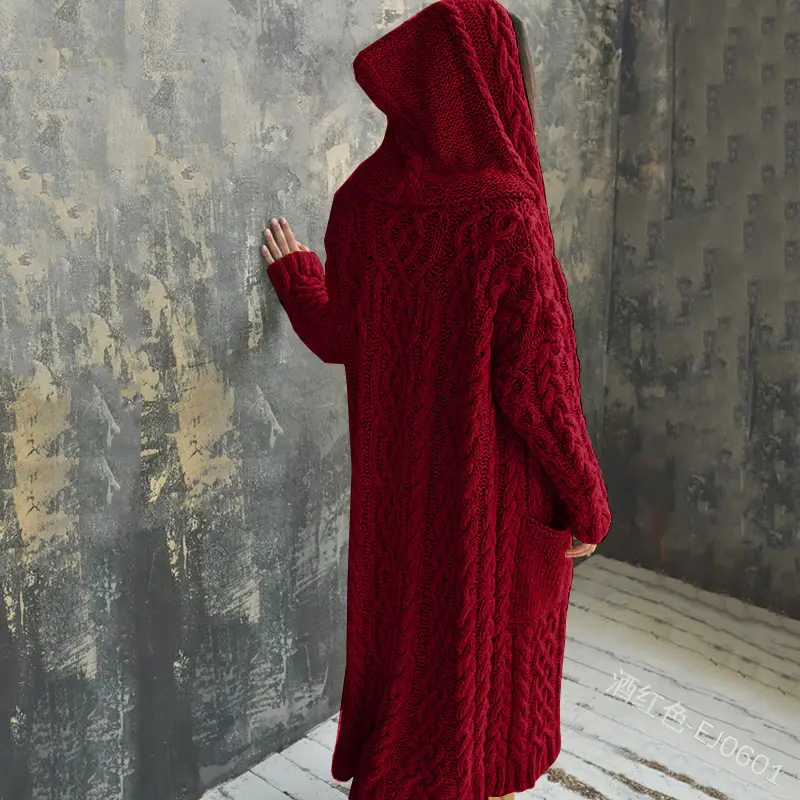 Women's Red Braided Hooded Long Cardigan Sweater M114 - Image 8