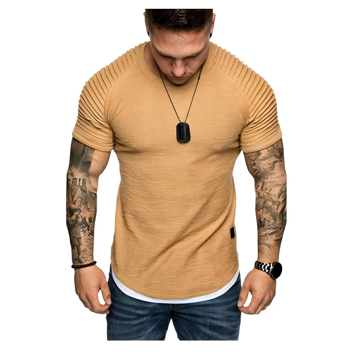 Men Black Slim Fit Pleated Shirt with Short Sleeves - Image 6