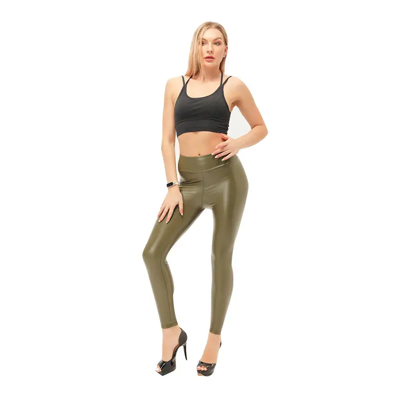Women PU Leather High Waist Slimming Leggings Burgundy - Image 64