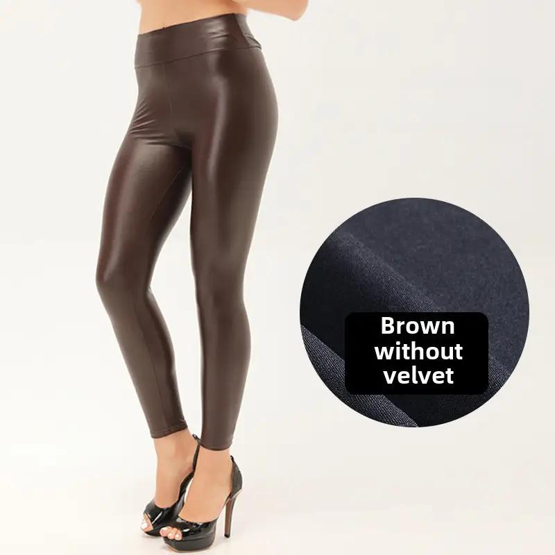 Women PU Leather High Waist Slimming Leggings Burgundy - Image 18