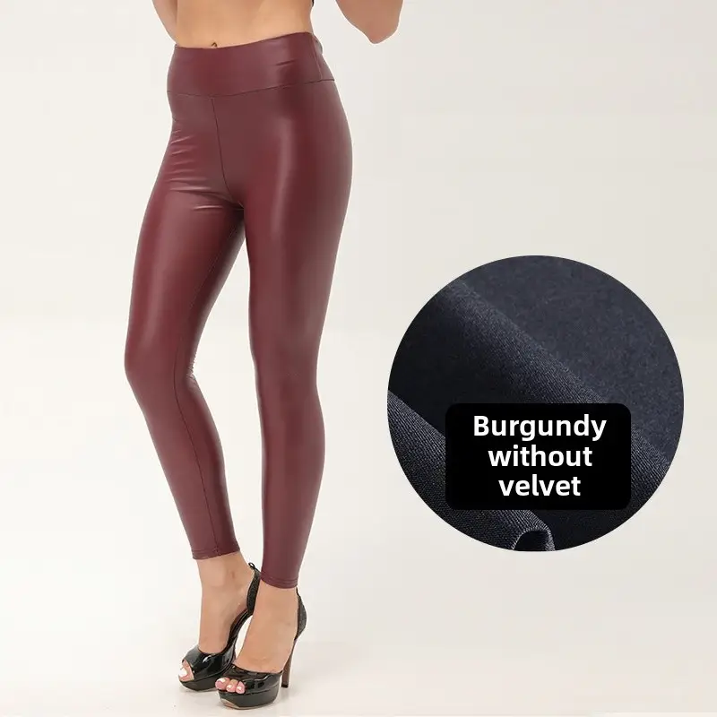 Women PU Leather High Waist Slimming Leggings Burgundy - Image 31