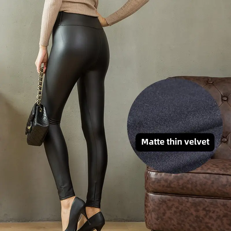Women PU Leather High Waist Slimming Leggings Burgundy - Image 46