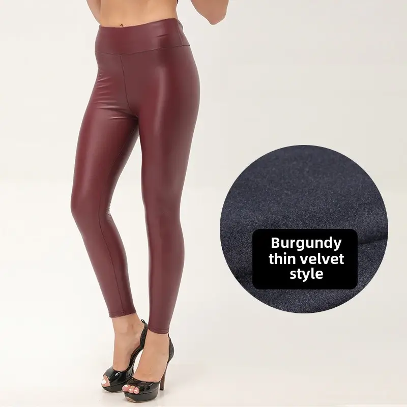 Women PU Leather High Waist Slimming Leggings Burgundy - Image 49