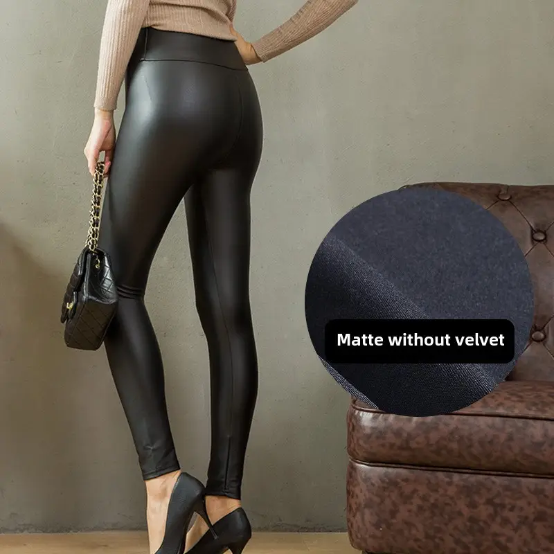 Women PU Leather High Waist Slimming Leggings Burgundy - Image 9