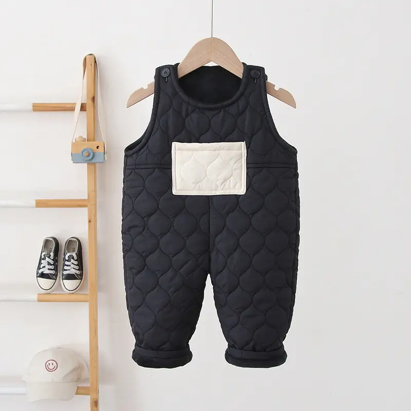 Kids Winter Quilted Overalls Black Cotton Warm 2024 - Image 3