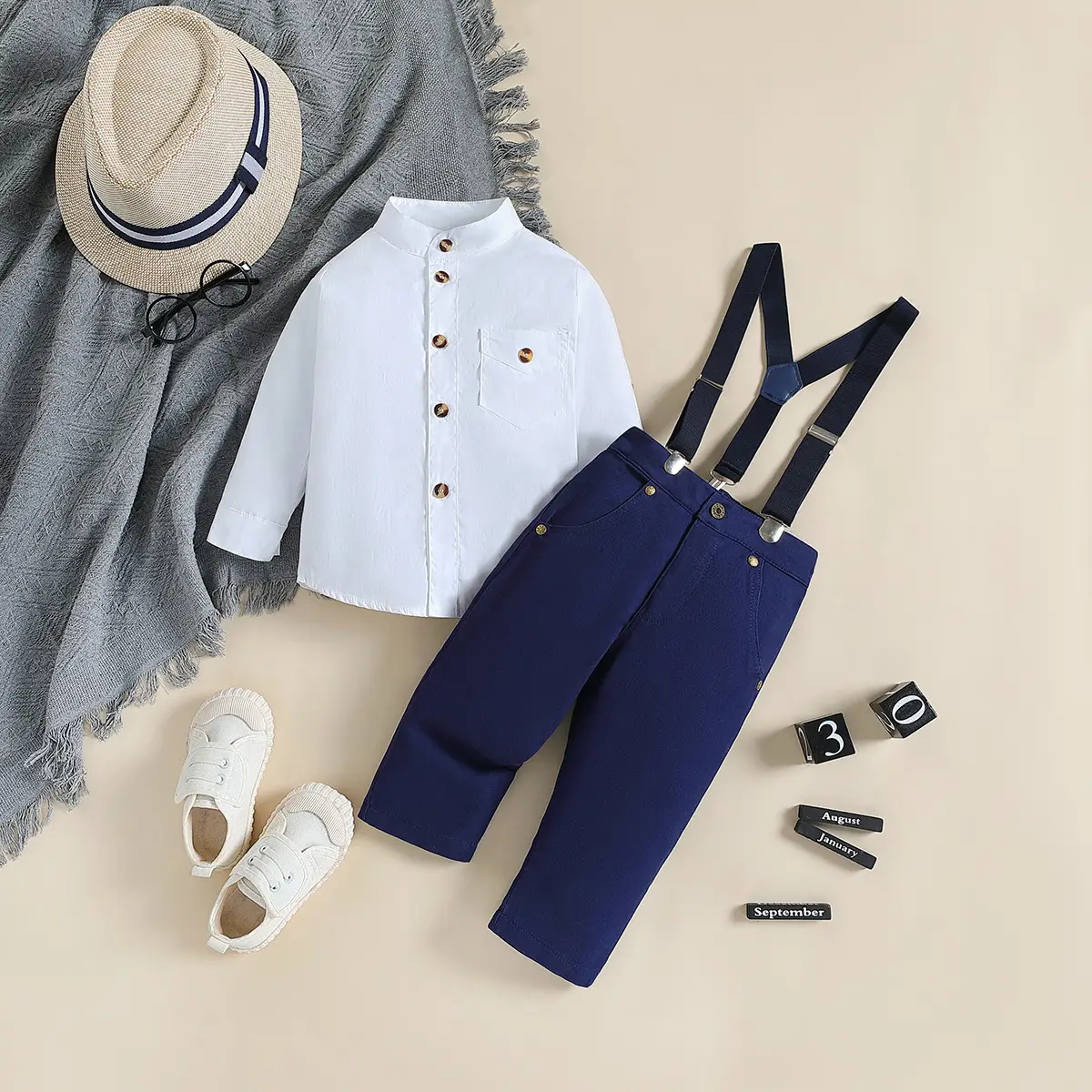Korean Style Boys Suit White Shirt + Navy Overalls - Image 2