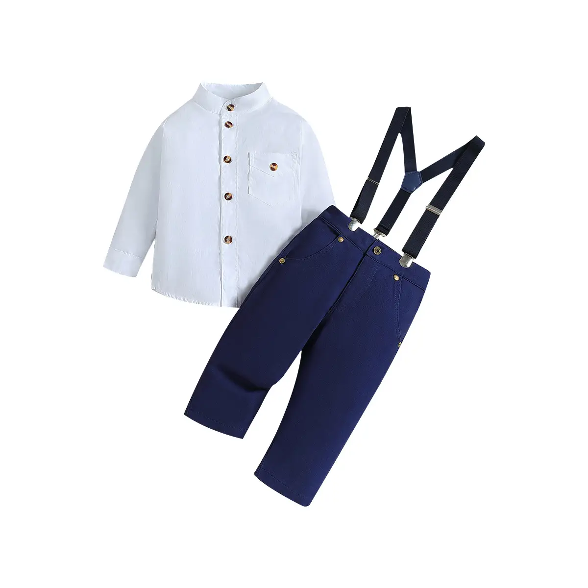 Korean Style Boys Suit White Shirt + Navy Overalls - Image 5