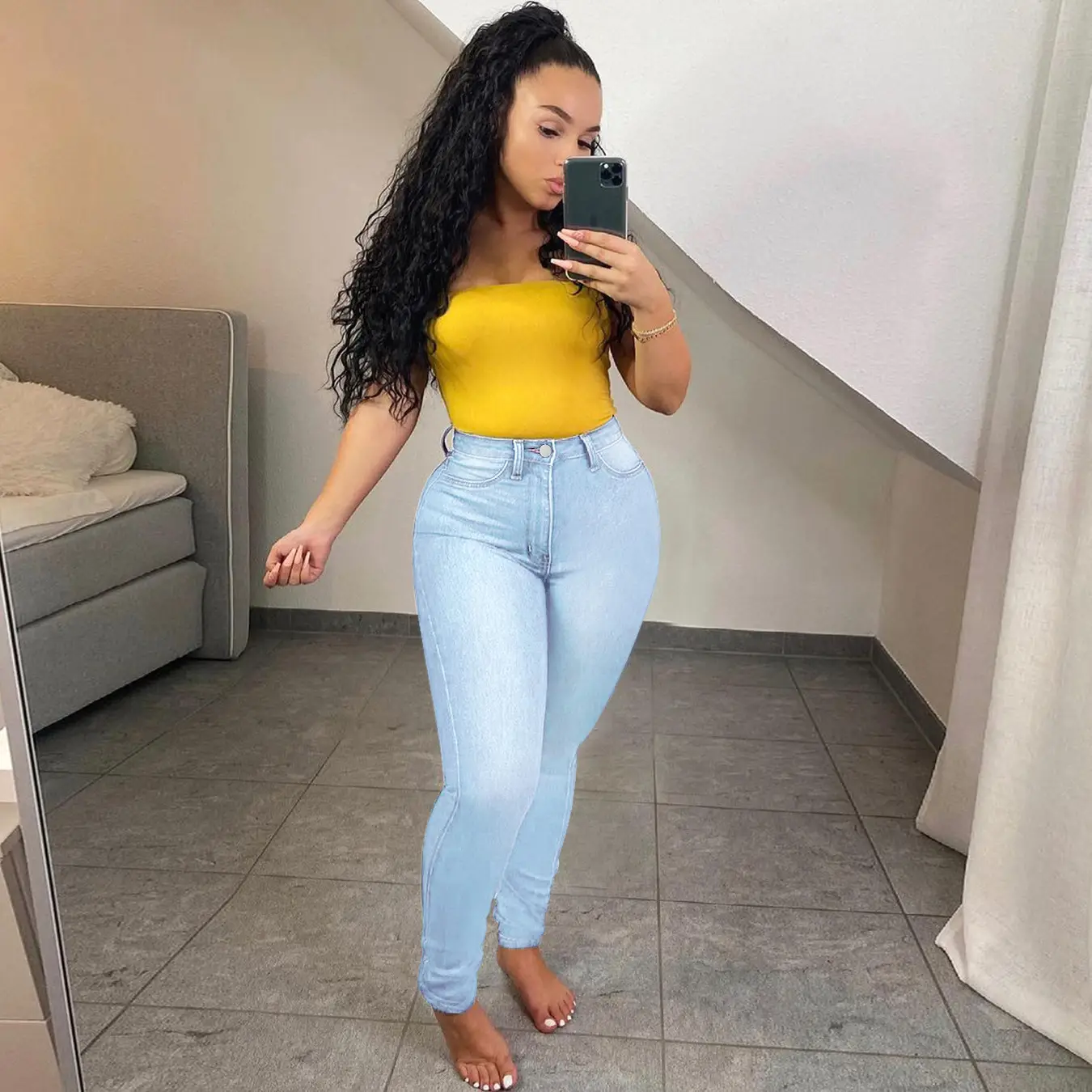 Women Slim Fit Blue Denim Leggings Stretchable Factory Ready - Image 2
