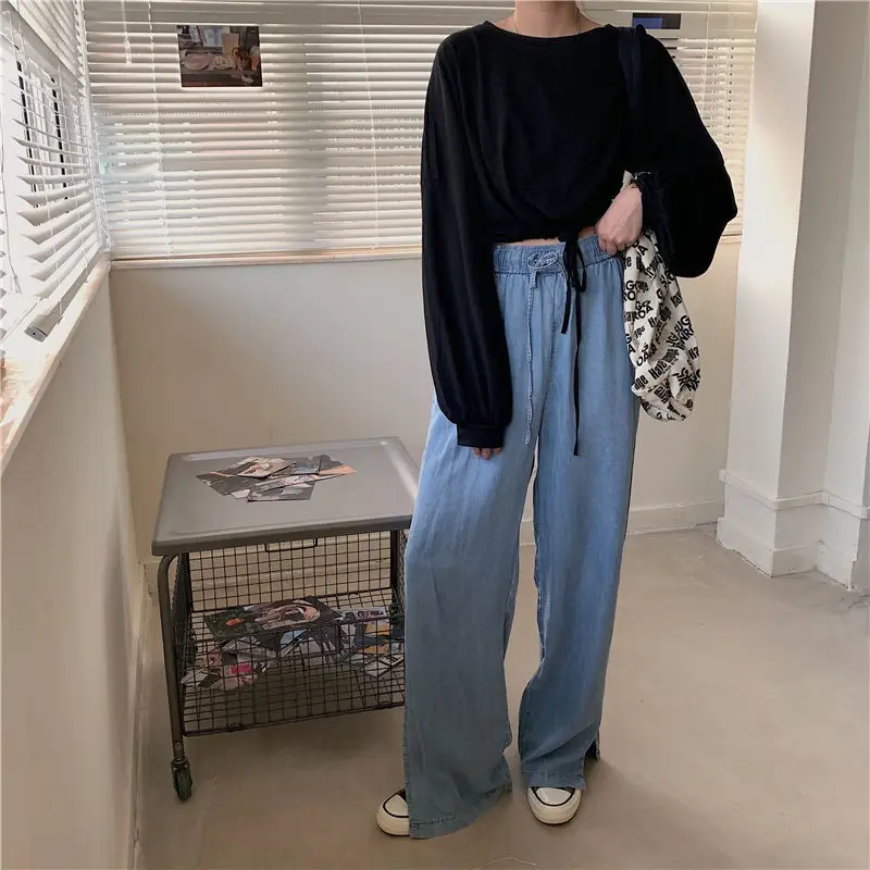 White Long Sleeve Top with High Waist Jeans for Women — feature 13