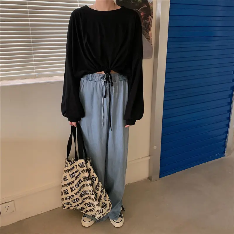 White Long Sleeve Top with High Waist Jeans for Women — feature 16
