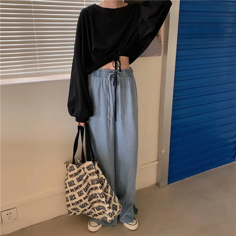 White Long Sleeve Top with High Waist Jeans for Women — feature 19