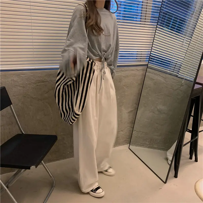 White Long Sleeve Top with High Waist Jeans for Women — feature 28