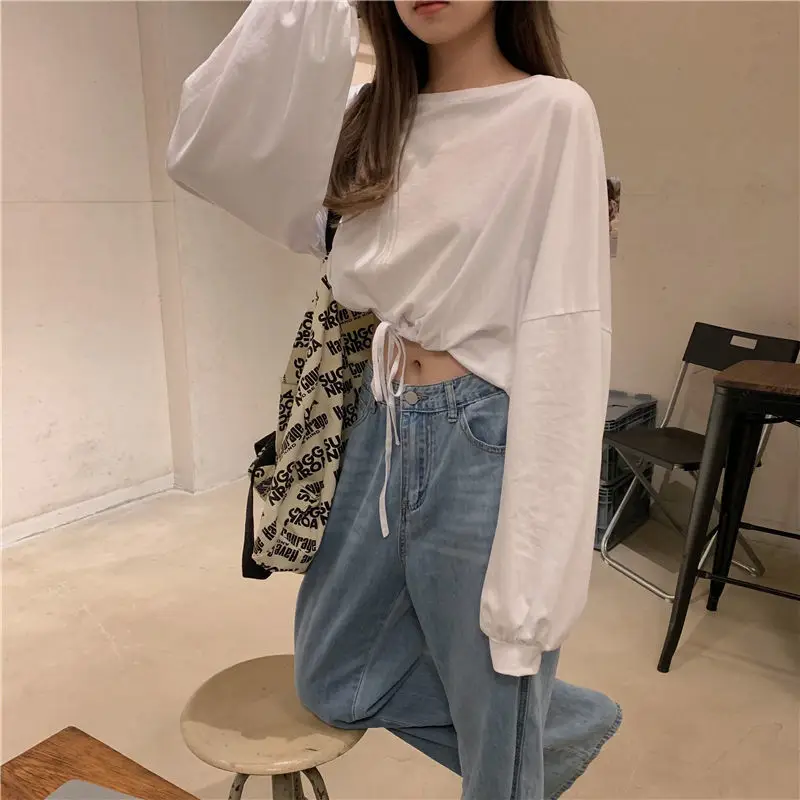 White Long Sleeve Top with High Waist Jeans for Women — feature 4