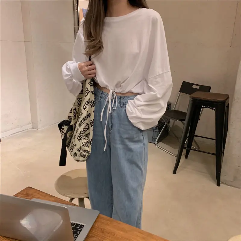 White Long Sleeve Top with High Waist Jeans for Women — feature 6