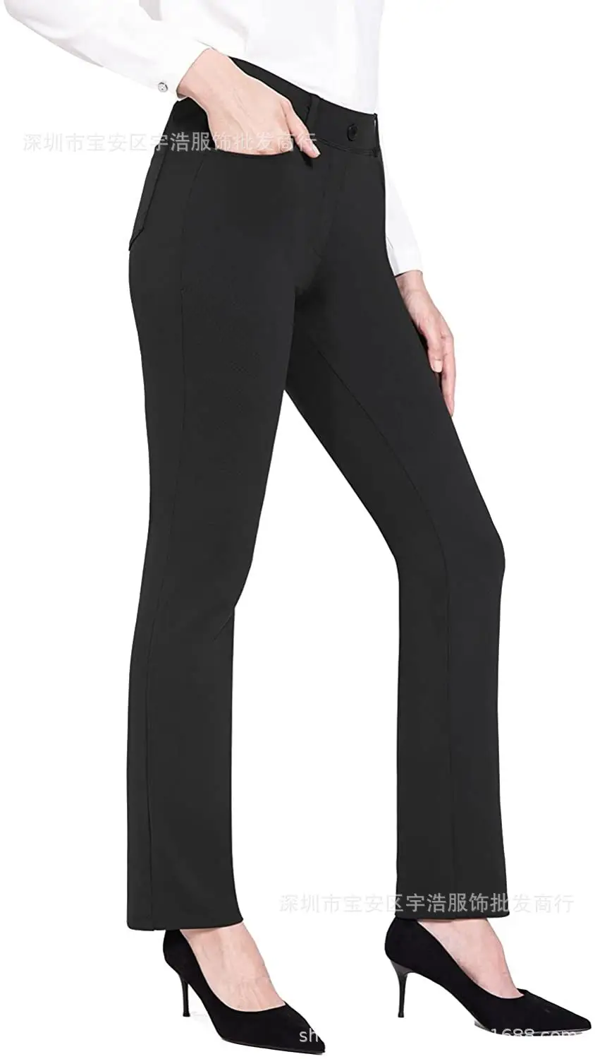Pure Color Stretch Yoga Pants High Waist Business Casual Bell Pants 4 Flap Pocket - Image 2