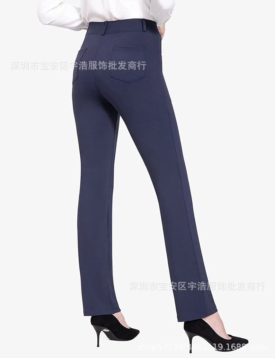 Pure Color Stretch Yoga Pants High Waist Business Casual Bell Pants 4 Flap Pocket - Image 3