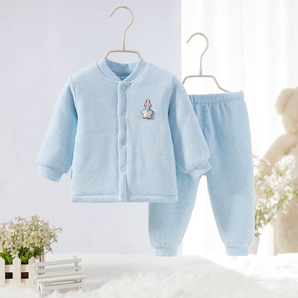 Baby Velvet Pajama Set Light Blue Newborn Cotton Pajamas
