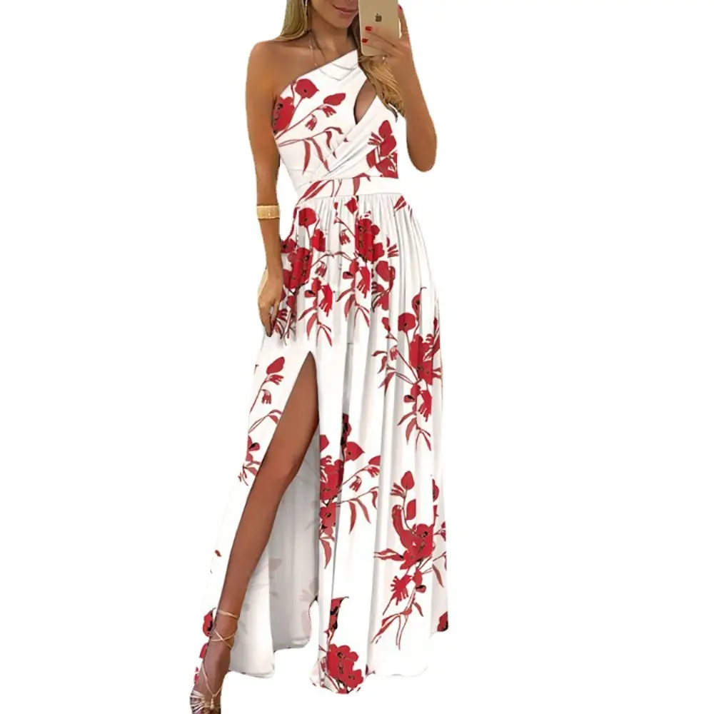 2026 Women's Red Floral Off-Shoulder Slit Dress - Image 15