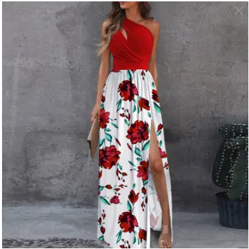 2026 Women's Red Floral Off-Shoulder Slit Dress - Image 10
