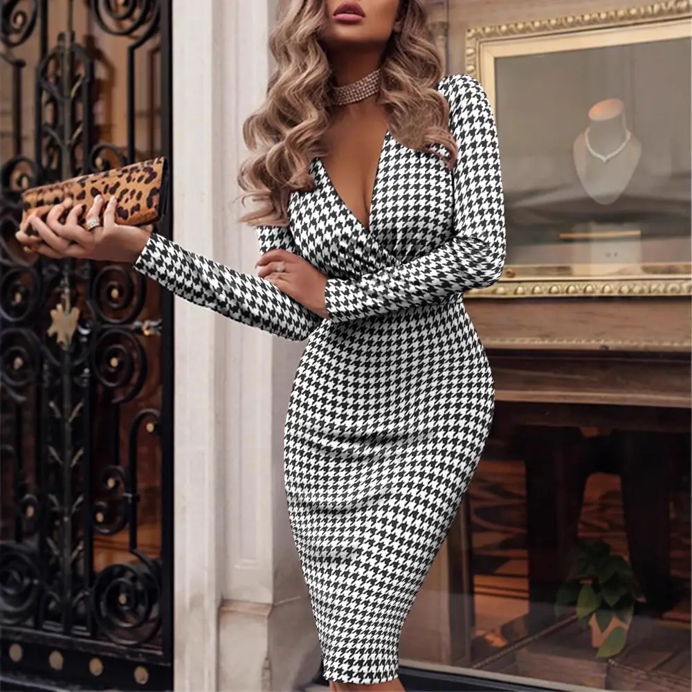 2023 Women's Black White Houndstooth Long Sleeve V Collar Dress - Image 6