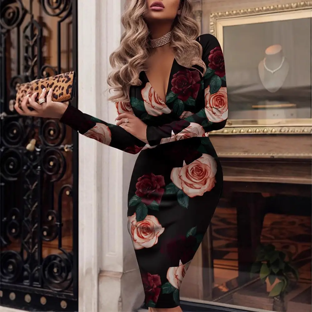 2023 Women's Black White Houndstooth Long Sleeve V Collar Dress - Image 7
