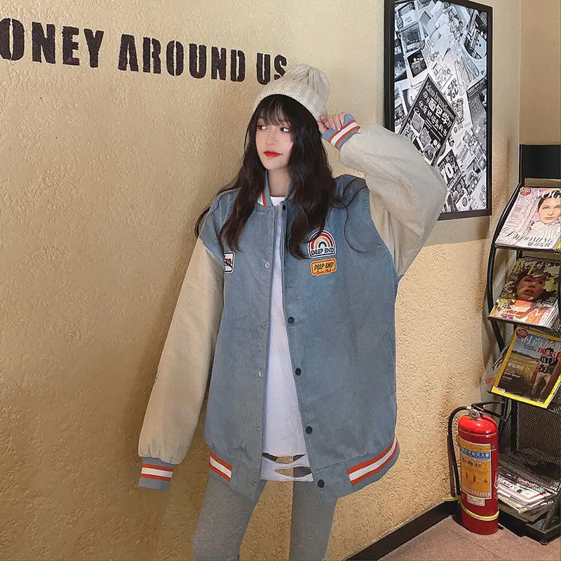Women Retro Harajuku Bomber Jacket Blue Beige 2025 - Image 4