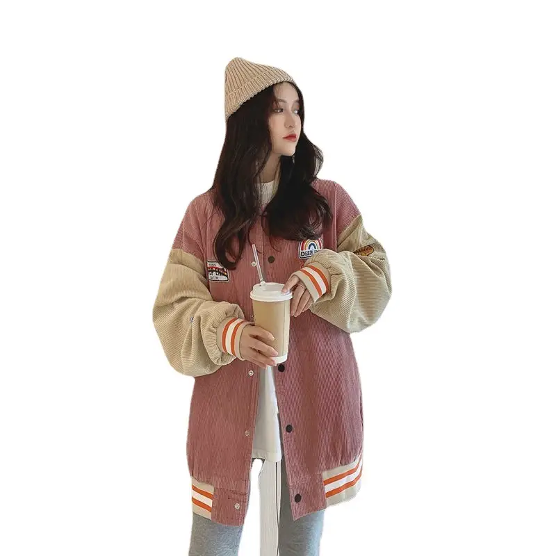 Women Retro Harajuku Bomber Jacket Blue Beige 2025 - Image 7