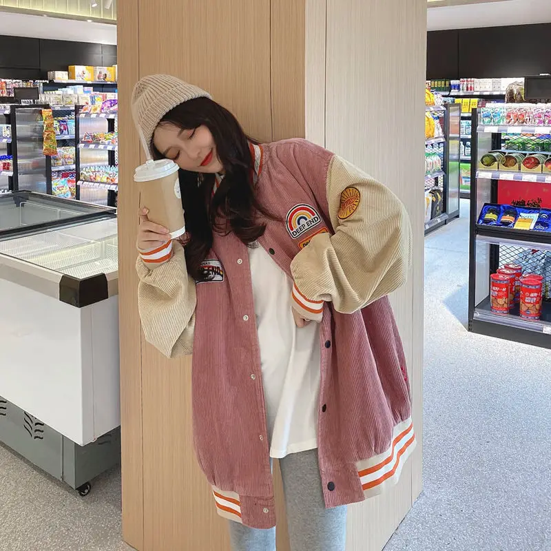 Women Retro Harajuku Bomber Jacket Blue Beige 2025 — feature 8