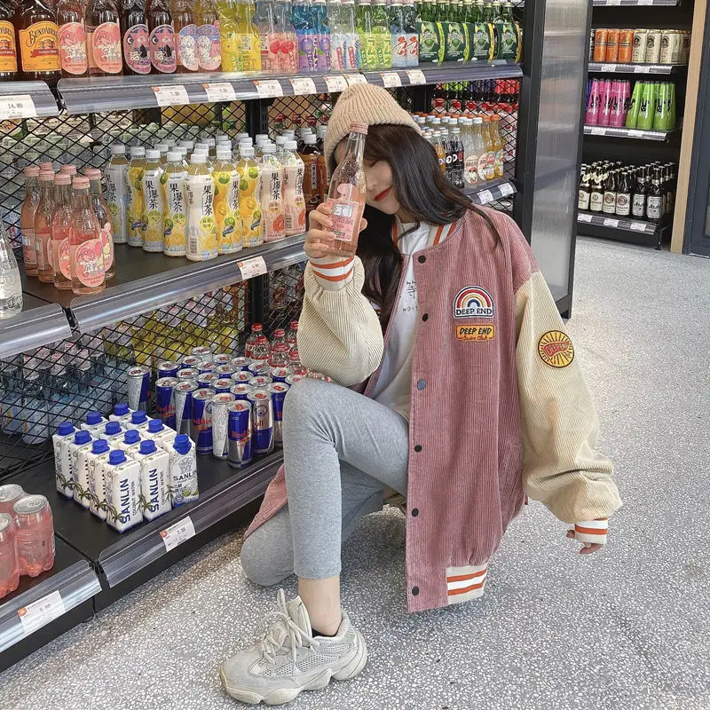 Women Retro Harajuku Bomber Jacket Blue Beige 2025 — feature 9