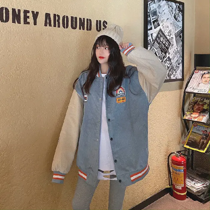 Women Retro Harajuku Bomber Jacket Blue Beige 2025 - Image 2