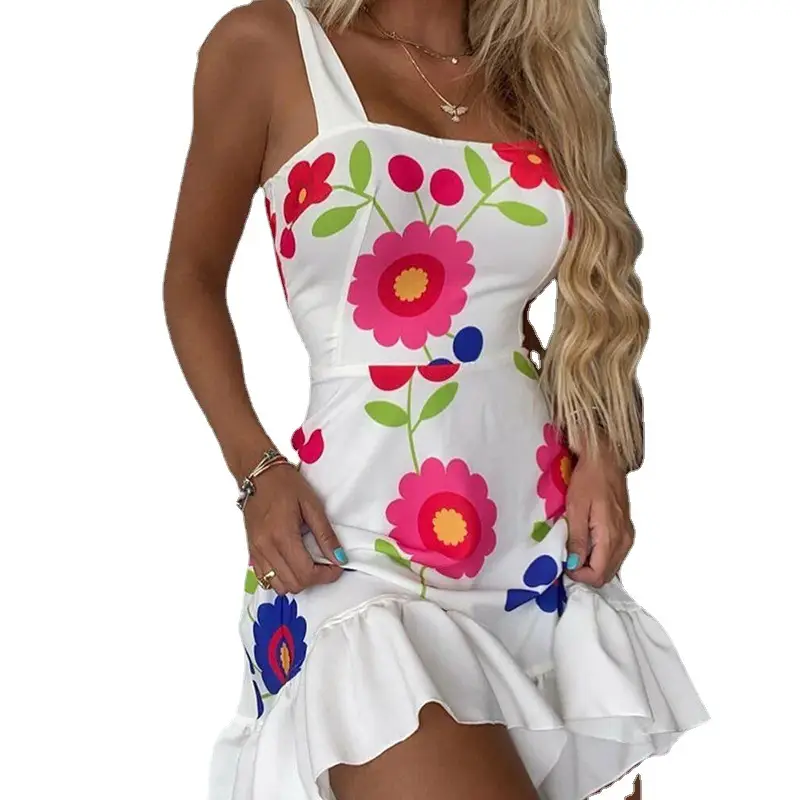 White Floral Strap Dress for Girls with Irregular Looser - Image 4