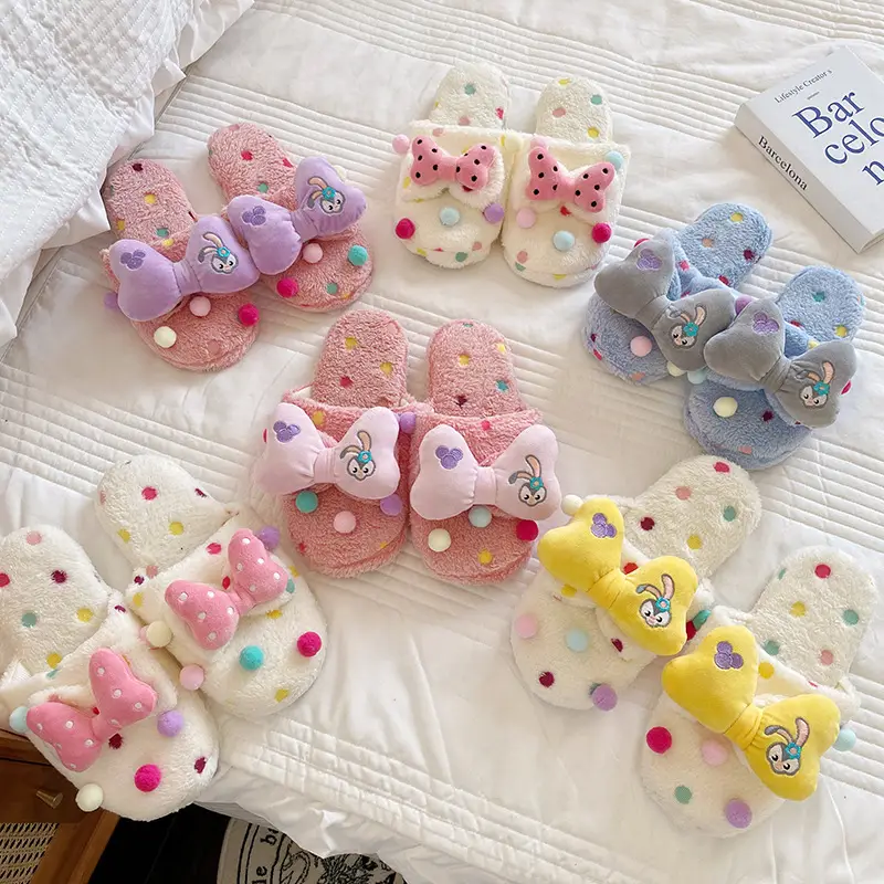 Autumn and Winter New Women's Cute Cartoon Bow Plush Dormitory Home Slippers Indoor Warm Cotton Slippers Couple's Home Shoes - Image 15