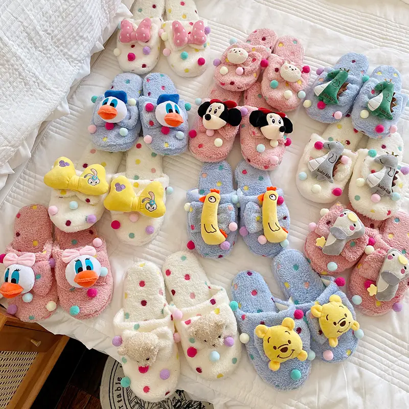 Autumn and Winter New Women's Cute Cartoon Bow Plush Dormitory Home Slippers Indoor Warm Cotton Slippers Couple's Home Shoes - Image 16